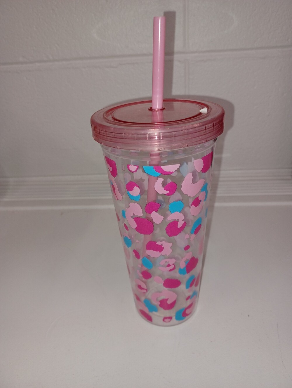 Pink Leopard Print Reusable Tumbler with Straw